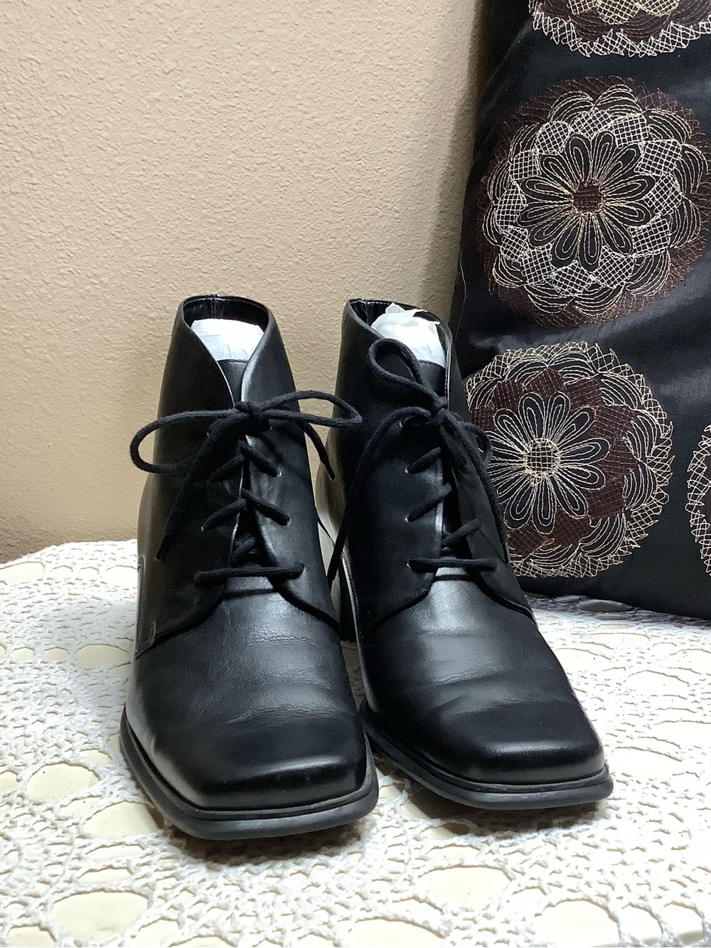 Retro 90s Y2K Vintage PESARO Black Leather Chunky Square Toe Ankle Boots Sz 8.5 - Picture 4 of 9